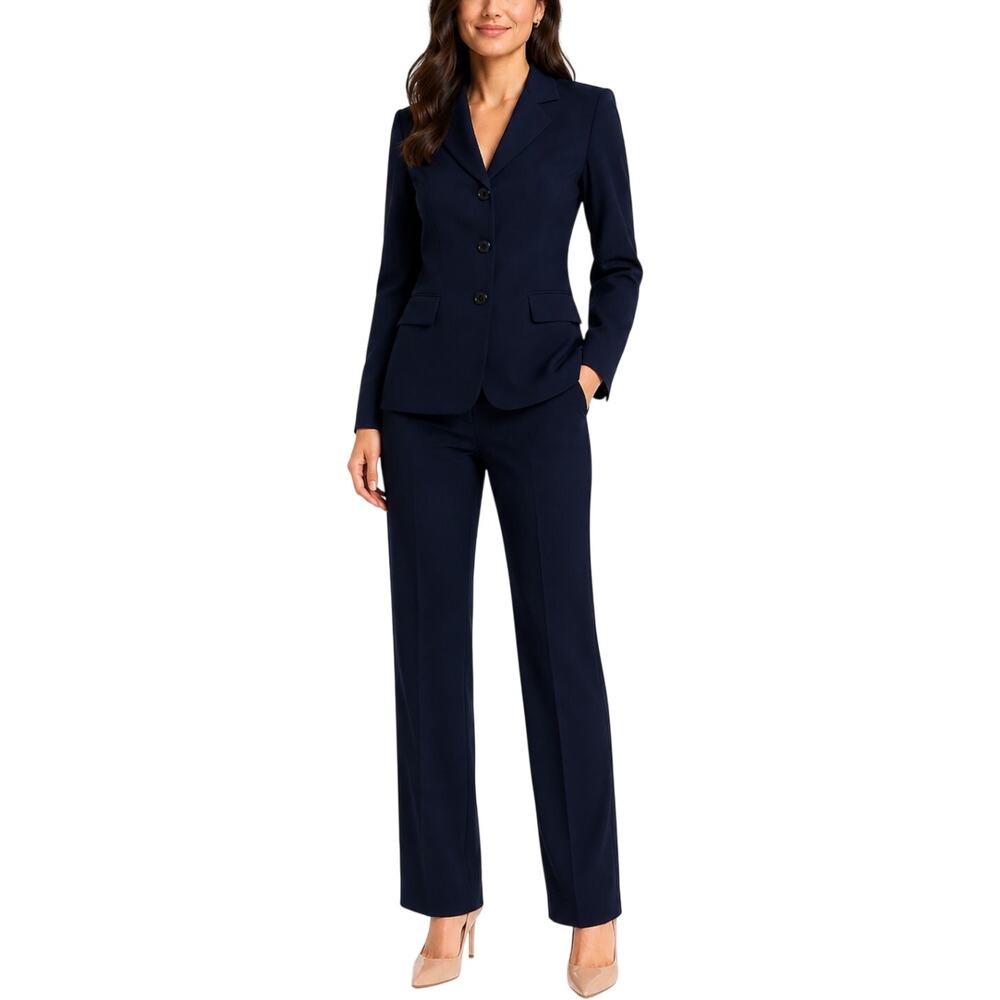 Kasper Navy Blue Pantsuit Women's Wide Leg Trousers and Blazer Jaket Set Size 8